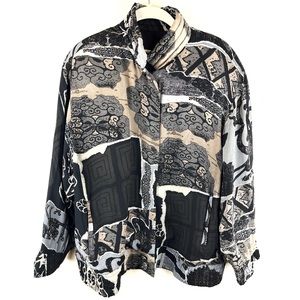 Vintage Peter Nygard Silk Bomber Jacket 80s 90s Grey, Black and Brown Size 4